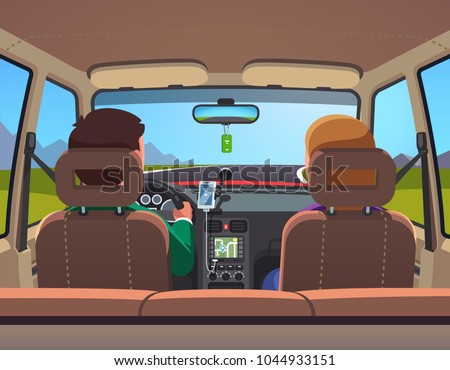 Two people family couple on vacation car road trip. Countryside travel ride. Car interior, people on front row, husband driving. Flat style isolated vector illustration