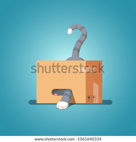 Cat in a cardboard box pulled out his paw. Kitty inside carton box. Playful curious cat pet looking out of his hiding. Flat style vector character illustration