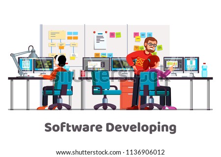 Software developing company team work together coding. Programmers writing code. Software developer office workplace desks. Team lead engineer teaching junior programmer. Flat vector illustration