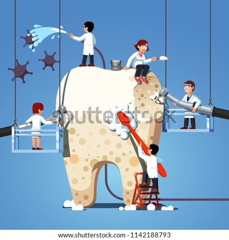 Small dentists people cleaning, treating big unhealthy tooth plaque and caries hole. Dentist doctors brushing, scaling, drilling plaque & caries tooth. Dentistry work concept. Flat vector illustration