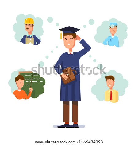 Graduate wearing graduation cap and thinking about future profession. Young man choosing profession between building engineer, doctor, teacher and manager. Career choice. Flat vector illustration