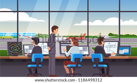 Airport traffic control tower interior & computer navigation terminal workplace. Controllers team worker people & supervisor working with plane, airliner & jet on runway. Flat vector illustration