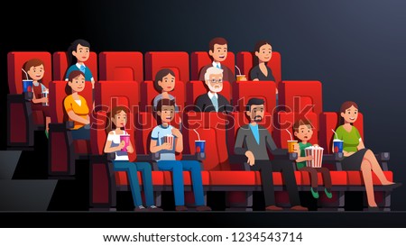 Movie theater interior. Immersed people man, woman, kids, families, couples drinking, eating watching movie. Cinema audience crowd film sitting in chair rows. Flat character vector illustration