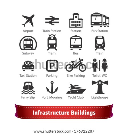 Infrastructure Buildings Icon Set. Road And Water City Transportation Stations And Parking Signs. For Use With Maps And Internet Services Interfaces.