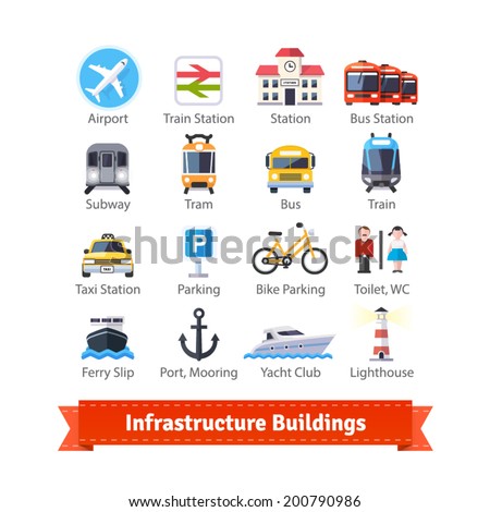Infrastructure buildings flat icon set. Road and water city transportation stations and parking signs. For use with maps and internet services interfaces. EPS 10 vector.