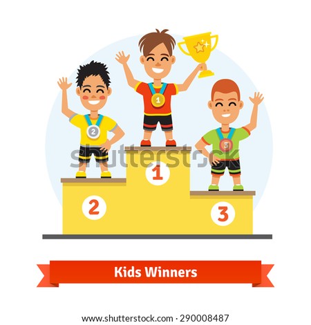 Kids sport winners standing on podium with medals and gold shining cup Colorful vector illustration Kids sport winners standing on podium with medals and gold shining cup Colorful vector illustration
