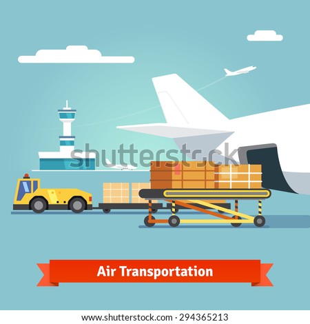 Loading boxes to a preparing to flight aircraft with platform of air freight. Air cargo transportation concept. Flat style illustration.