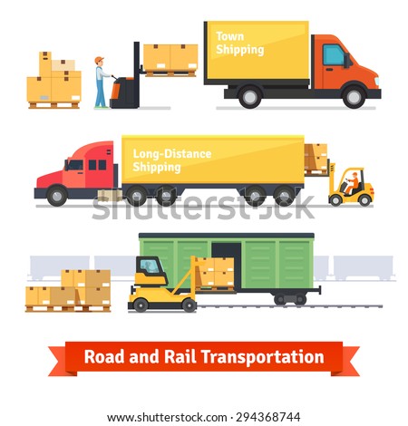 Cargo transportation by road and train. Workers loading and unloading trucks and rail car with forklifts. Flat style icons and illustration.