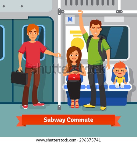 Subway commute. Young people, man and woman with kid sitting and standing in a subway train car. Flat style vector illustration.