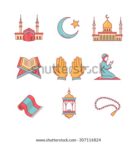 Muslim islam prayer and ramadan kareem thin line icons set. Modern flat style symbols isolated on white for infographics or web use.