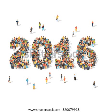 New year celebration concept. Crowds of people forming 2016 digits aerial view. Flat style vector illustration isolated on white background.