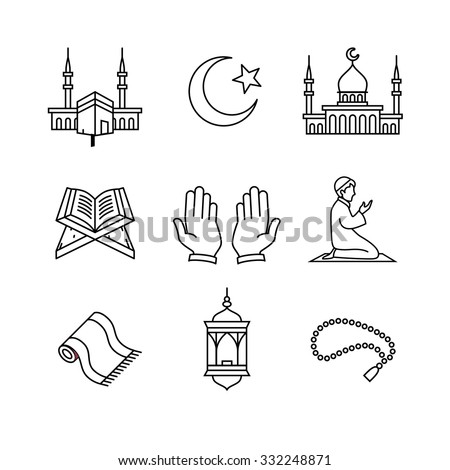 Muslim islam prayer and ramadan kareem thin line art icons set. Modern black symbols isolated on white for infographics or web use.