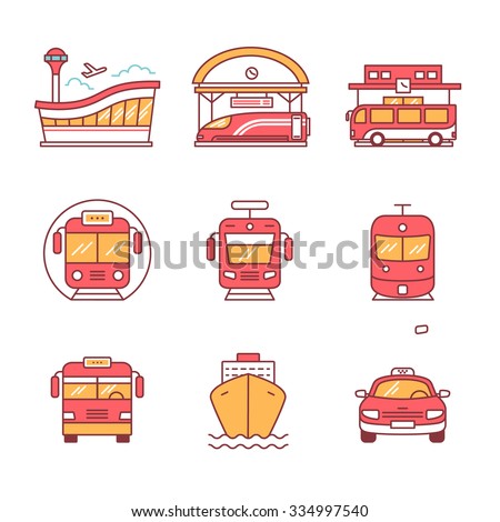 Modern transportation and urban infrastructure set. Road, rail and water city transportation stations signs. Thin line art icons. Flat style illustrations isolated on white.