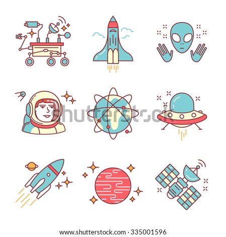 Cosmos exploration sings set. Planets, rockets, lander, satellites and astronaut in helmet. Oh, forgot about alien and his ship. Thin line art icons. Flat style illustrations isolated on white.
