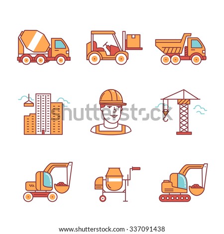 Building site engineering and machinery. Thin line art icons. Flat style illustrations isolated on white.