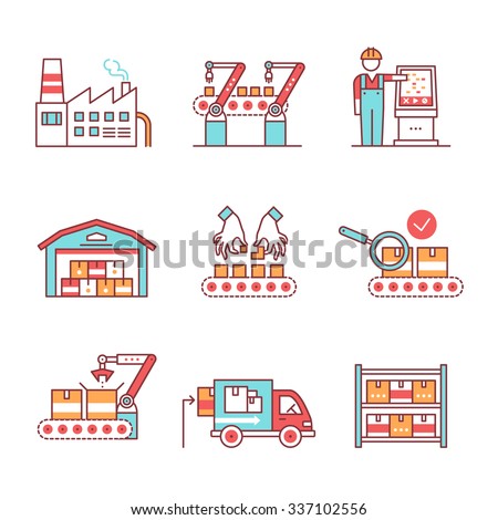 Modern robotic and manual manufacturing assembly lines. Packaging, loading and warehouse inventory. Thin line art icons set. Flat style illustrations isolated on white.