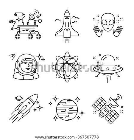 Cosmos exploration sings set. Planets, rockets, lander, satellites and astronaut in helmet. Oh, forgot about alien and his ship. Thin line art icons. Linear style illustrations isolated on white.