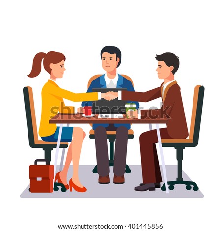Successful business negotiations. Closed deal handshake over a desk. Flat style vector illustration.