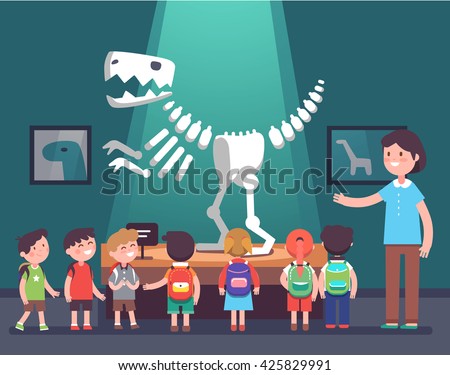 Group of kids watching tyrannosaurus dinosaur skeleton at archeology museum excursion with a teacher. School or kindergarten students on filed trip. Modern flat style vector illustration cartoon.