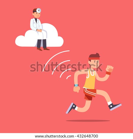 Man running jogging with a wrist smartwatch. Doctor hovering near on a computer cloud collecting essential patient health data to provide health care. Flat style vector illustration clipart.