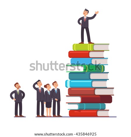 Business visionary leader and mentor speaking to group of businessman people. Standing on top of big heap of books and knowledge. Flat style vector illustration clipart.