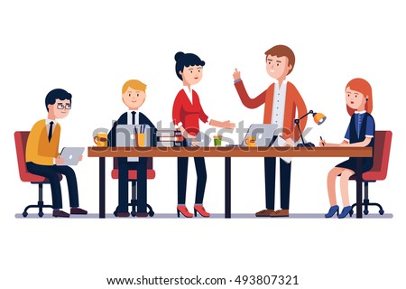Business man meeting at a big conference desk. Startup company. People working together. Modern colorful flat style vector illustration isolated on white background.