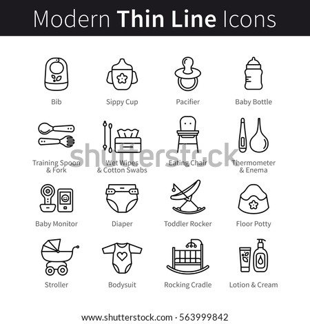 Baby nursing and health care products thin line art icons. Newborn toddler care, hygiene. Linear style illustrations isolated on white.