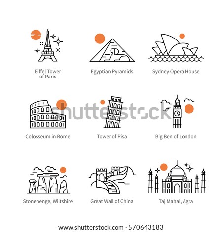 City travel landmarks, tourist attraction in various countries of Europe, Asia & Africa. Thin black line art icons with flat design elements. Modern linear style illustrations isolated on white.