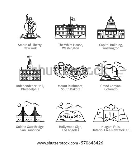 City travel landmarks, tourist attraction in various places of United States of America. Thin black line art icons with flat design elements. Modern linear style illustrations isolated on white.