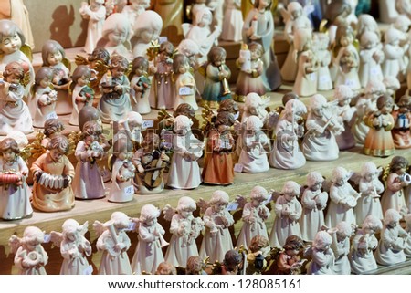 VIENNA - DECEMBER 21: Handmade Christmas-themed figurines in merchandise stall on Christmas markets on December 21, 2012 in Vienna. There is over 20 official Christmas Markets in Vienna nowadays.