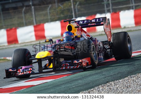 BARCELONA - MARCH 3: Sebastian Vettel of Infiniti Red Bull Racing F1 team during Formula One Test Days at Catalunya circuit on March 3, 2013 in Barcelona, Spain.