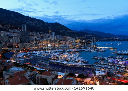 MONACO - MAY 24: Monaco\'s port at dusk before start of Formula 1 Grand Prix weekend on May 24, 2013 in Monaco.