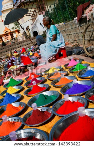 ORCHHA, INDIA - MARCH 4: Color powder market on March 4, 2011 in Orchha. It is used widely during Holi - during this event, participants throw colored powder at each other, and celebrate wildly.