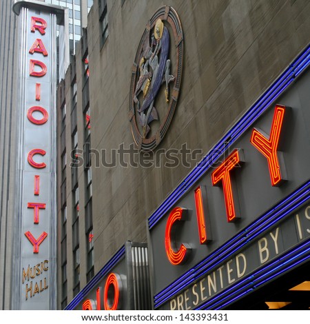 NEW YORK - JUNE 11: Radio City Music Hall front facade on June 11, 2011 in New York. Radio City Music Hall is an entertainment venue located in Rockefeller Center.