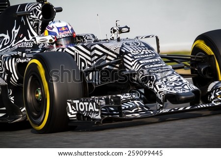 BARCELONA - FEBRUARY 19: Daniel Ricciardo of Infiniti Red Bull Racing F1 team at Formula One Test Days at Catalunya circuit on February 19, 2015 in Barcelona, Spain.