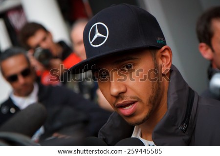 BARCELONA - FEBRUARY 28: Lewis Hamilton of Mercedes AMG Petronas F1 team at Formula One Test Days at Catalunya circuit on February 28, 2015 in Barcelona, Spain.
