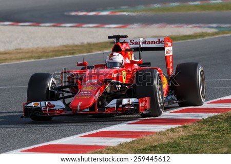 BARCELONA - MARCH 1: Sebastian Vettel of Scuderia Ferrari F1 team at Formula One Test Days at Catalunya circuit on March 1, 2015 in Barcelona, Spain.