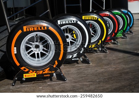 BARCELONA - FEBRUARY 22: The range of Pirelli P Zero tyres at Formula One Test Days at Catalunya circuit on February 22, 2015 in Barcelona, Spain.