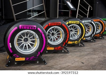 BARCELONA - FEBRUARY 24: Range of Pirelli tyres for 2016 Formula One season at Formula One Test Days at Catalunya circuit on February 24, 2016 in Barcelona, Spain.