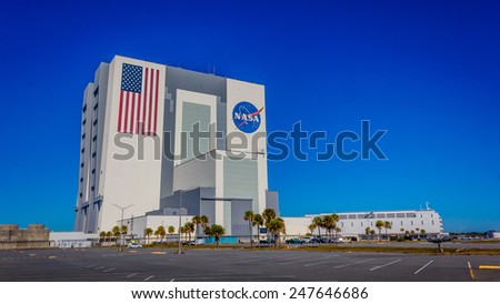 ORLANDO, FL - DEC 14, 2014: NASA Vehicle Assembly Building, Orlando, Florida on a sunny day. This building is used to assemble large American manned rockets and will be used to launch upcoming Space Launch System