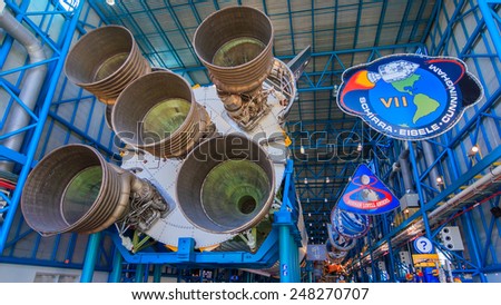 [2014-12-14]Apollo/Saturn V Center at Kennedy Space Center, Orlando, Florida. This is the rocket used to go to the moon in 1969. Rockets and visitors are visible in the photo
