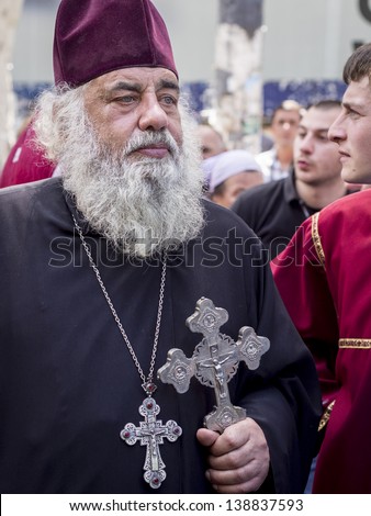 TBILISI, GEORGIA - MAY 17: Procession organized by the Church Congregation and Ecclesiastics in protest against the May 17 demonstration for the International Day Against Homophobia on May 17, 2013.