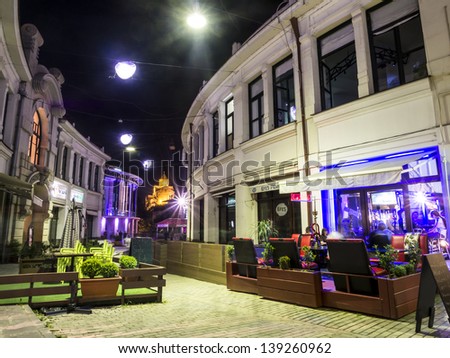 TBILISI, GEORGIA - MAY 18: Bambis Rigi street in the old town of Tbilisi on Saturday night, May 18, 2013. The street is know for its bars and restaurants.