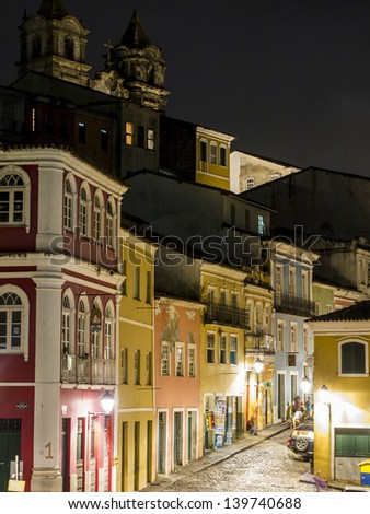 Salvador, Brazil - July 30: Colonial Architecture On The Rua Das Flores In The Historical Center Of Salvador, The Capital Of Bahia Region In Brazil On The Night Of July 30, 2012.