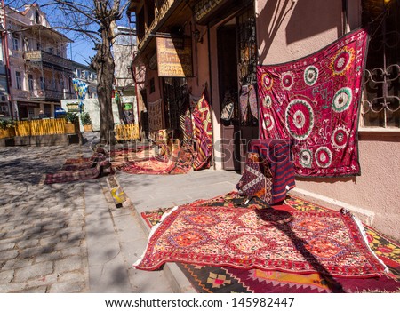 TBILISI, GEORGIA - MARCH 19: Rug store in the downtown of Tbilisi on March 19, 2013. Georgia is famous for its traditional rugs, they are among the most famous export products of the country.
