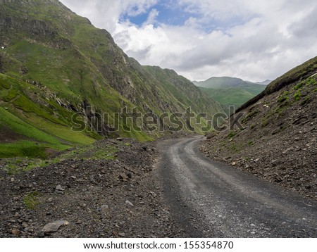 Road to Omalo in Tusheti region, Georgia, Caucasus. The road is know as one of the most dangerous in the world.
