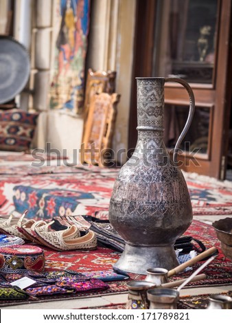 Containers and other souvenirs sold on a local market in the old town of Baku (Icheri Sheher ), Azerbaijan.