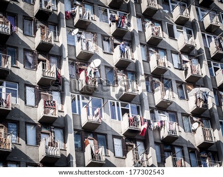 TBILISI, GEORGIA - FEBRUARY 16, 2014: Huge block of flats from the Soviet times in Tbilisi, the capital of Georgia. Many Georgians still live in those old blocks.