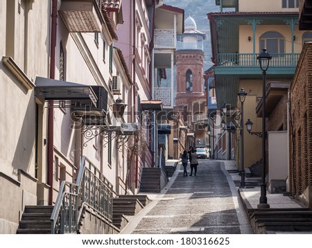 TBILISI, GEORGIA - MARCH 03, 2014: One of the streets in the Old Town of Tbilisi, Georgia, on a spring day. The Old Town is a major tourist attraction.