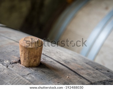 Wine barrel with wooden bung in the wine region, Georgia, Caucasus.